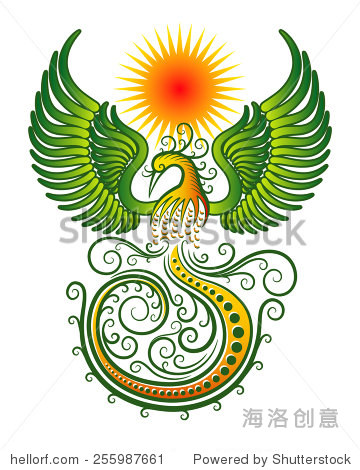 colorful phoenix bird with beautiful wings and sun background.