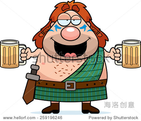 a cartoon illustration of a celtic warrior drinking beer.
