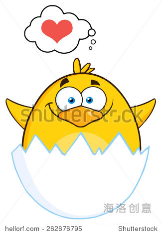 surprise yellow chick cartoon character out of an egg shell with