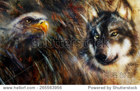 wolf and eagle color painting feathers background