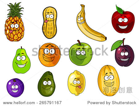 可爱的苹果,香蕉,橘子,李子,花生、鳄梨、菠萝、