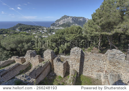 the ruins of tiberius villa jovis on island capri with anacapri
