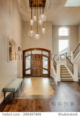 beautiful foyer in home; entryway with stairs pendant lights