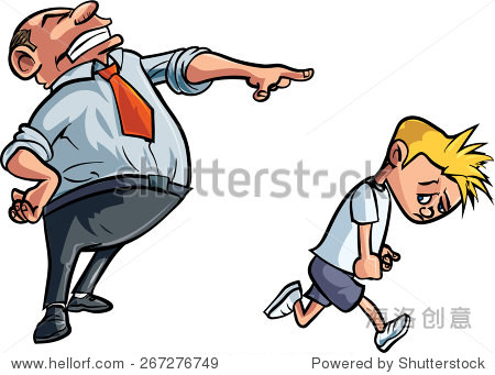 cartoon father scolding unhappy boy. isolated