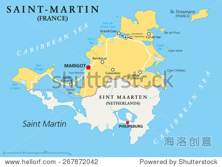 saint-martin country political map. the northern