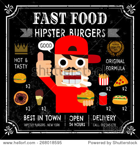 fast food restaurant poster menu with hipster emblem on chalk