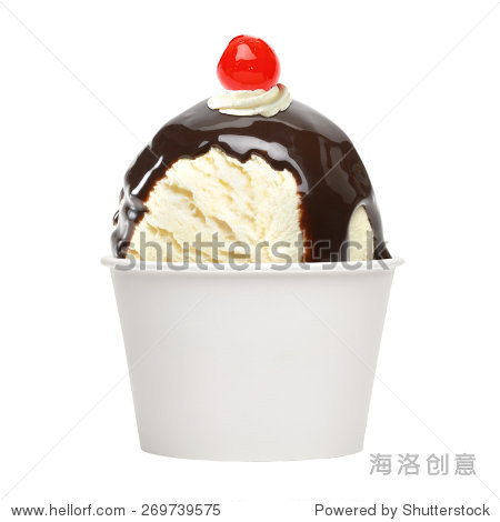 sundae ice cream and chocolate sauce with clipping path on white
