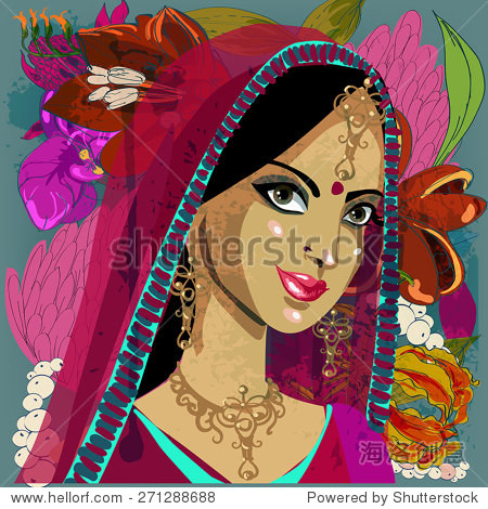 the portrait of beautiful indian girl with the exotic flowers.