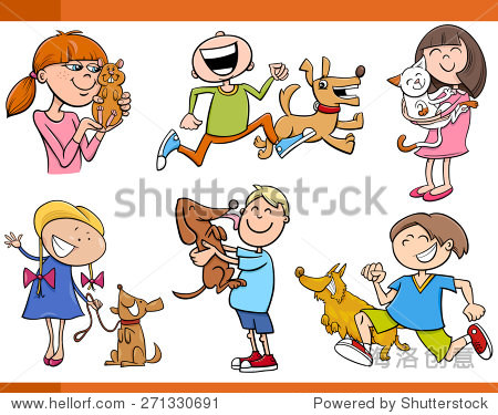 cartoon vector illustration of kids with pets characters set