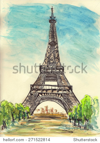 巴黎埃菲尔铁塔在纸上手绘草图