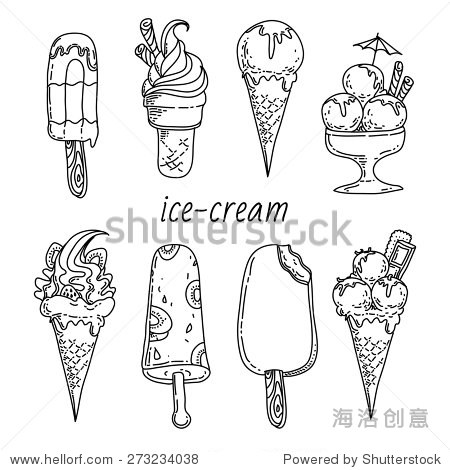 set of eight icecreams: black-white images vintage and sweet.