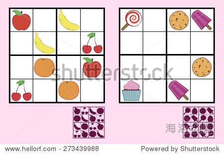 儿童数独谜题与彩色图标的糖果、坚果和水果排