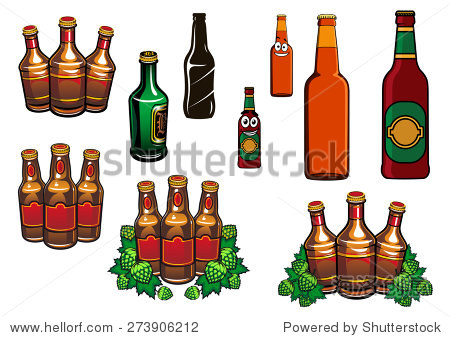 bottles set with cartoon green and brown glass bottles of beer