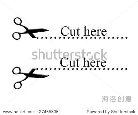 scissors icon with cut here text and dotted line