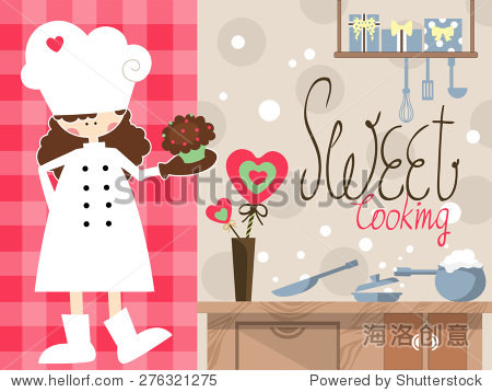 kitchen utensil on the wooden counter and gifts on the shelf.