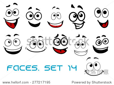 微笑滑稽的面孔在卡通漫画风格展示幸福,喜悦