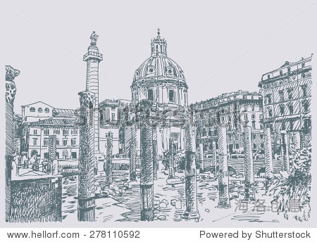 原始草图手绘罗马的意大利著名城市、旅游卡,