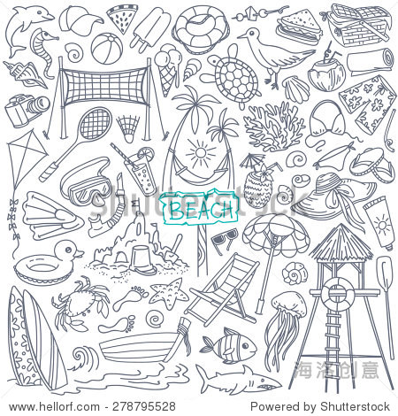 beach theme doodle set.