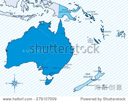 大洋洲国家地图的矢量插图蓝色。每个国家都有