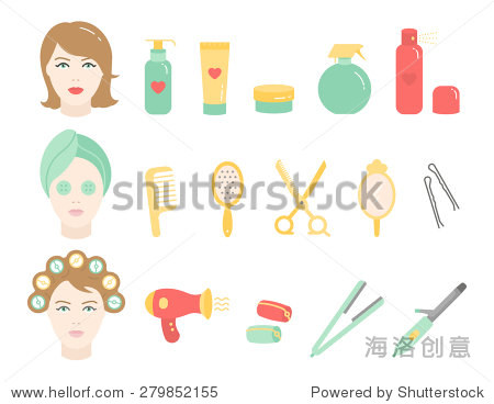向量的女人头发护理平图标集 - 符号\/标志,美容