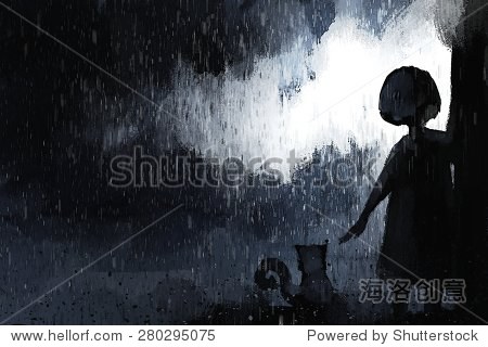 girl with a cat in the rain