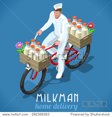 送奶工自行车平3 d等距新鲜牛奶送货上门的概