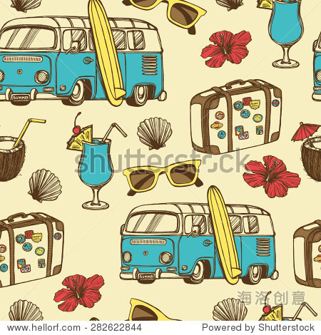 sun glasses, surf bus, hibiscus flower, coconut drink, sea shell