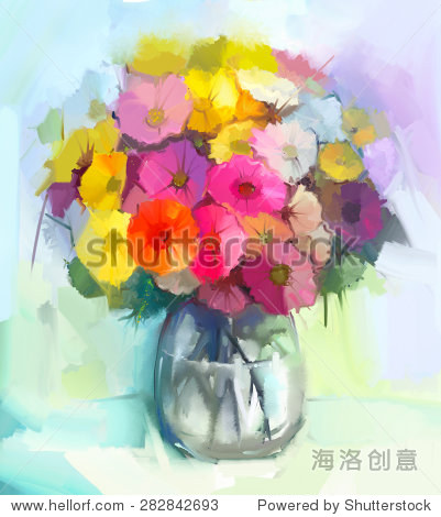 oil painting of a bouquet flowers in glass vase .