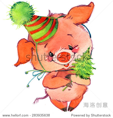 funny pig and new year party. watercolor illustration