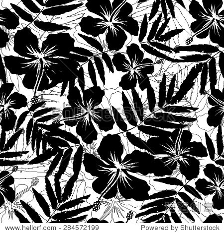 black and white tropical flowers silhouettes vector seamless