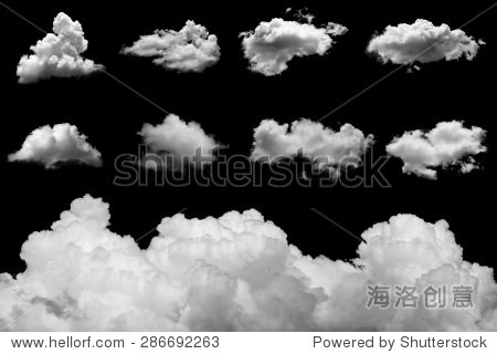 set of isolated clouds on black background.