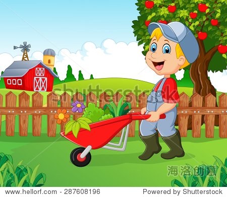 cartoon little boy holding wheelbarrow