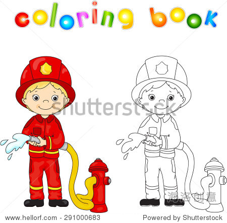Fireman in a red uniform and helmet with a hose in his hand. Coloring book. Vector illustration - 站酷海洛正版图片, 视频, 音乐素材交易平台 - Shutterstock中国独家合作伙伴 - 站酷旗下品牌