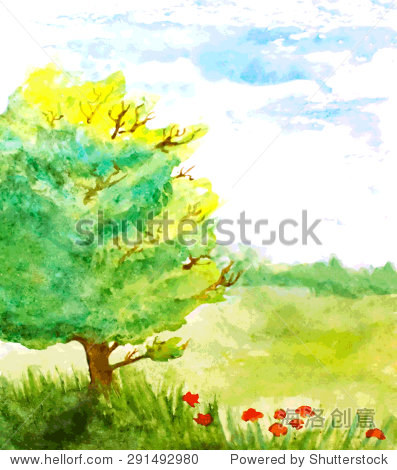 水彩风景,树,花和天空.矢量图