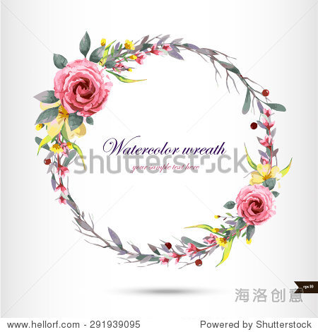watercolor wreath with flowers foliage and branch.
