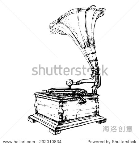 矢量手绘老式留声机。墨水在白色背景黑色线条