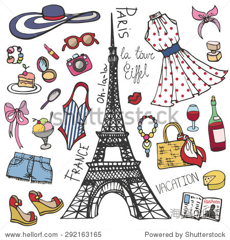 时尚插画。法国巴黎埃菲尔铁塔时尚女性服装、