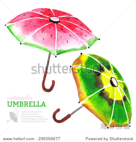 向量水彩雨伞程式化的西瓜和猕猴桃。手绘插图