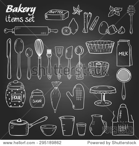 set of doodle style kitchen utensil for baking on