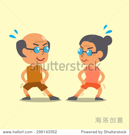 cartoon old man and old woman doing adductor stretch exercise