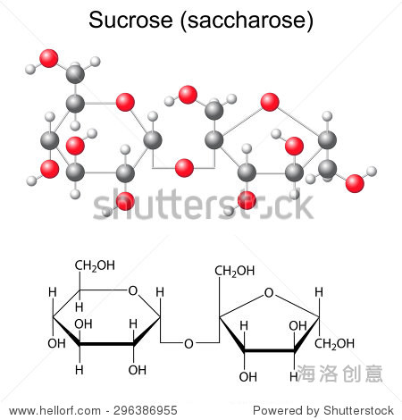 structural chemical formula and model of sucrose