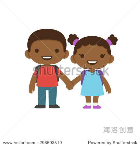 two cute cartoon african american children with school backpacks