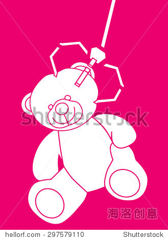 teddy bear grabbed by a machine arm