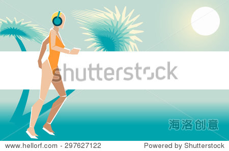 矢量图的平面设计的女孩泳衣在沙滩上跑步和听