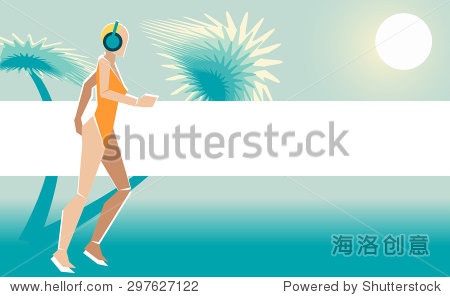矢量图的平面设计的女孩泳衣在沙滩上跑步和听