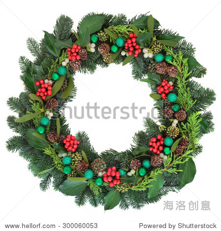 christmas wreath decoration with green baubles holly mistletoe