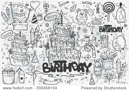 a large set of hand-drawn doodles to birthday.