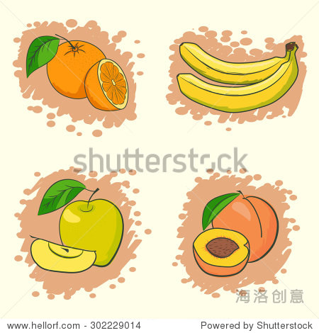 set of fresh fruits: apple peach orange and bananas