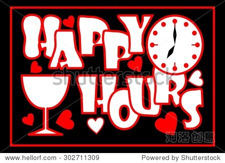 happy hours inscription in red color with clock face, wine glass