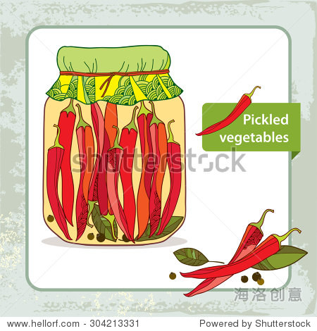 pickled red chili peppers in the glass jar with bay leaf and